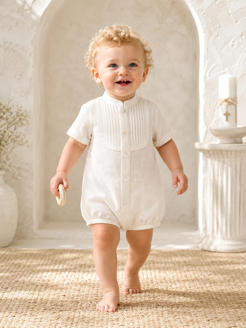 White Pleated Bib Peter Collar Short Sleeve Blessing Romper for Baby Boy