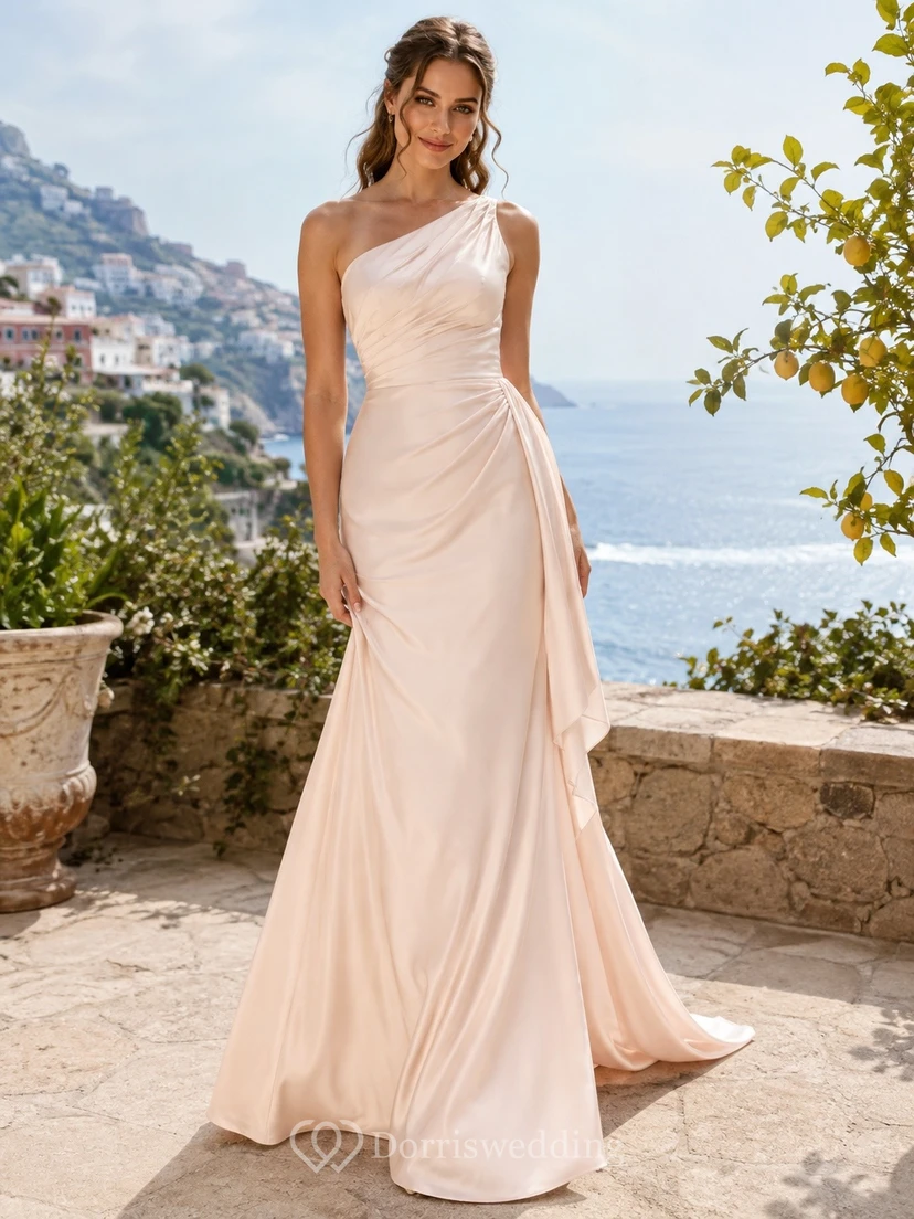 Vestido de novia elegante de corte recto con un solo hombro, talla grande.