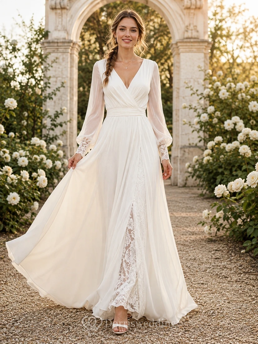 Bohemian Civil Long Sleeve V-Neck Chiffon Lace A-Line Floor-Length Mariage Dress