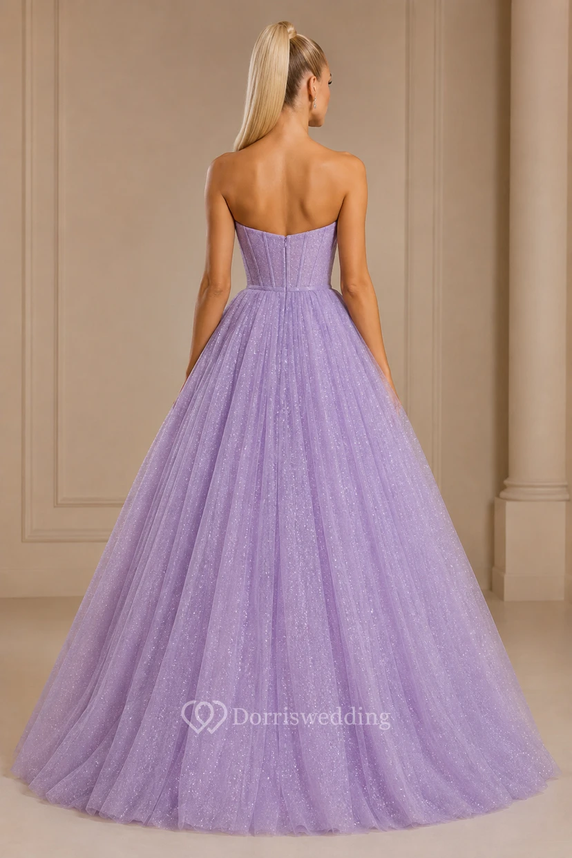 Lavendelfarbenes, trägerloses High-Low-Tüllballkleid mit Stufenrock view 2
