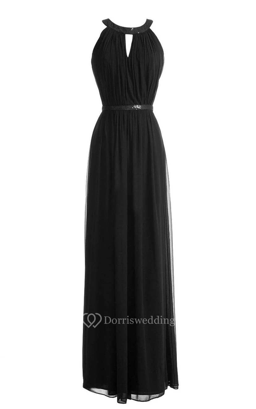 High-neck Long Chiffon Gown With Sequined Waist