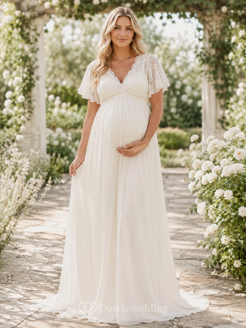 Umstandsbrautkleid mit V-Ausschnitt, flatternden Spitzenärmeln und Gartenbrautkleid