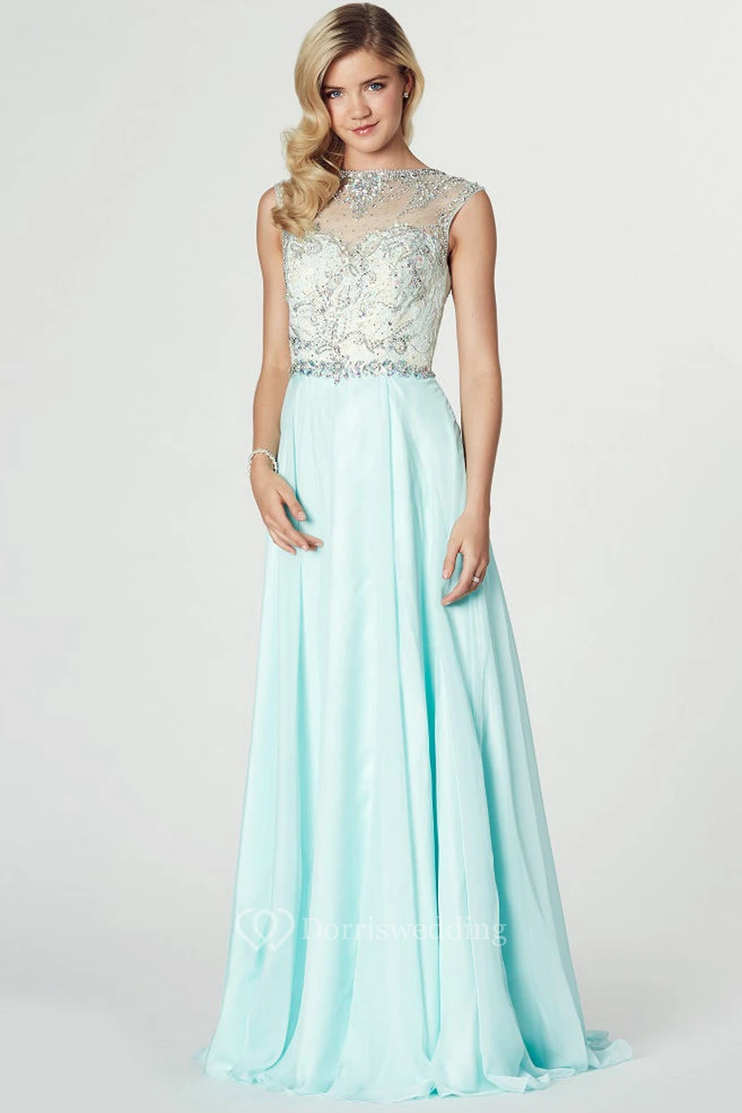 Maxi Sleeveless Beaded Jewel Neck Chiffon Prom Dress