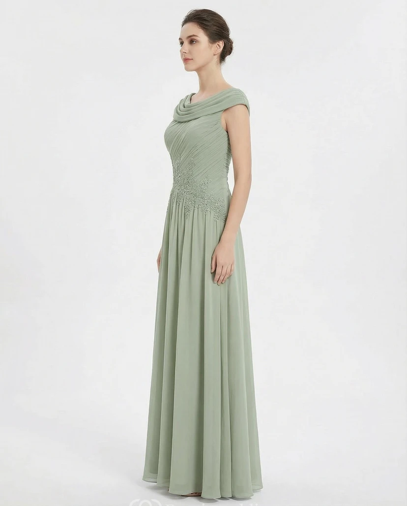 Drapiertes Abendkleid mit Wasserfallausschnitt und Spitzenbesatz view 3