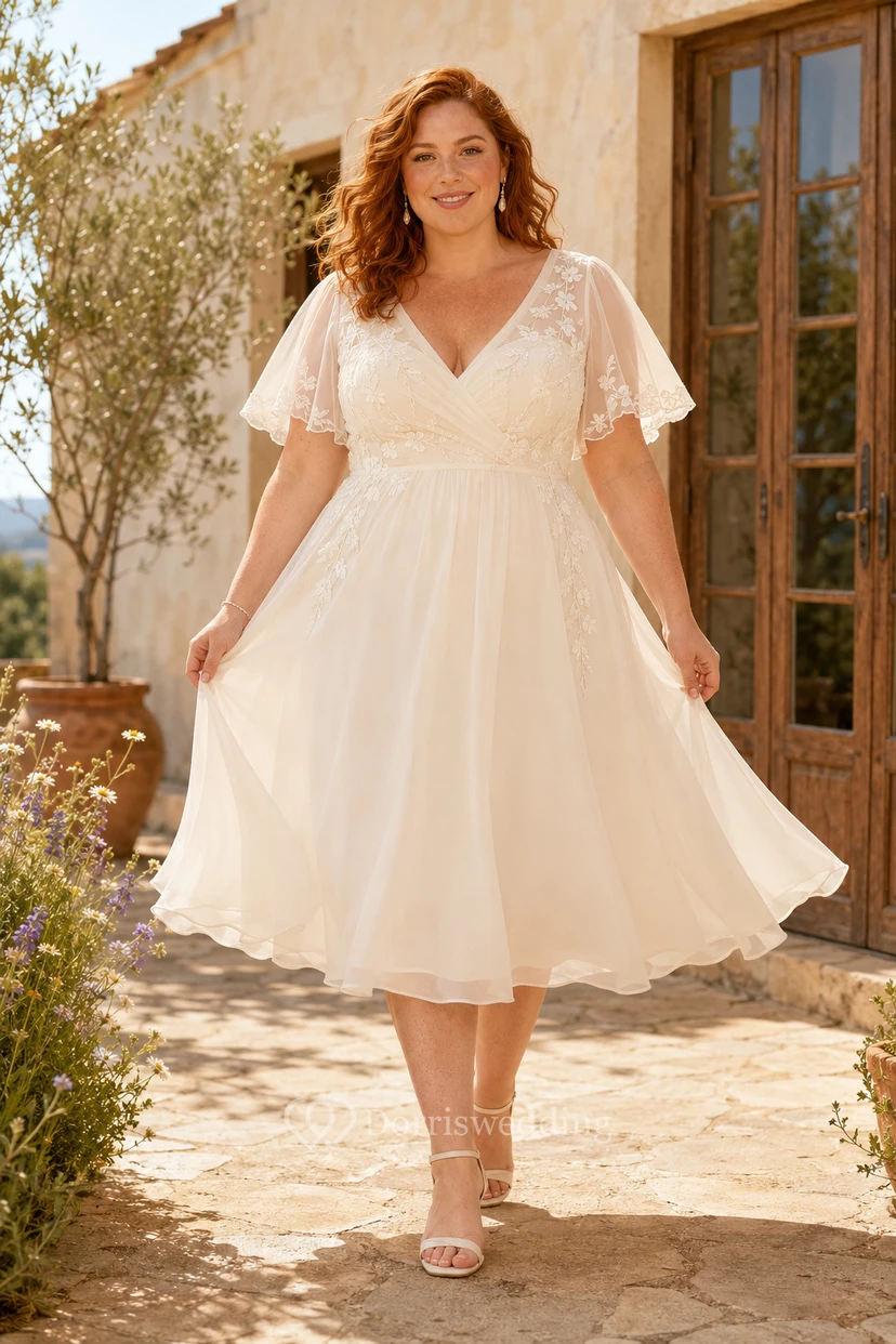 Robe de mariée grande taille en tulle, col en V, manches courtes, longueur thé