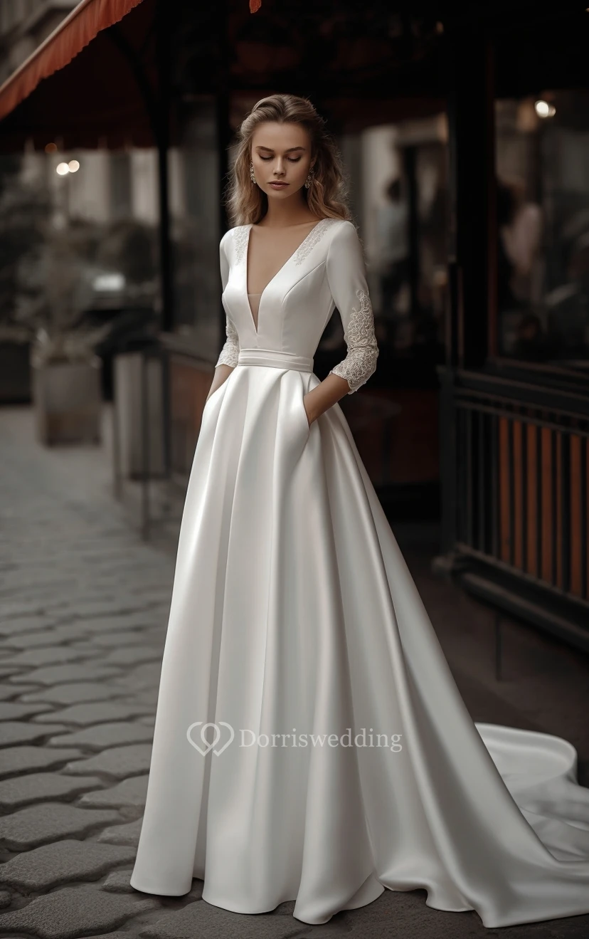 Robe de mariée élégante en satin à manches longues et décolleté plongeant, coupe trapèze view 5