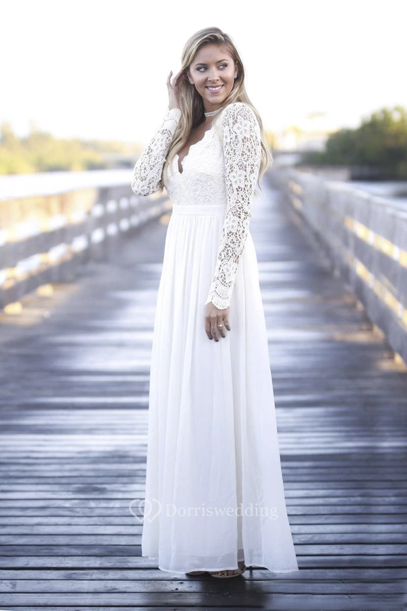 Simple Boho Illusion Lace Long Sleeve Jewel Tulle Dress With Open Back view 3