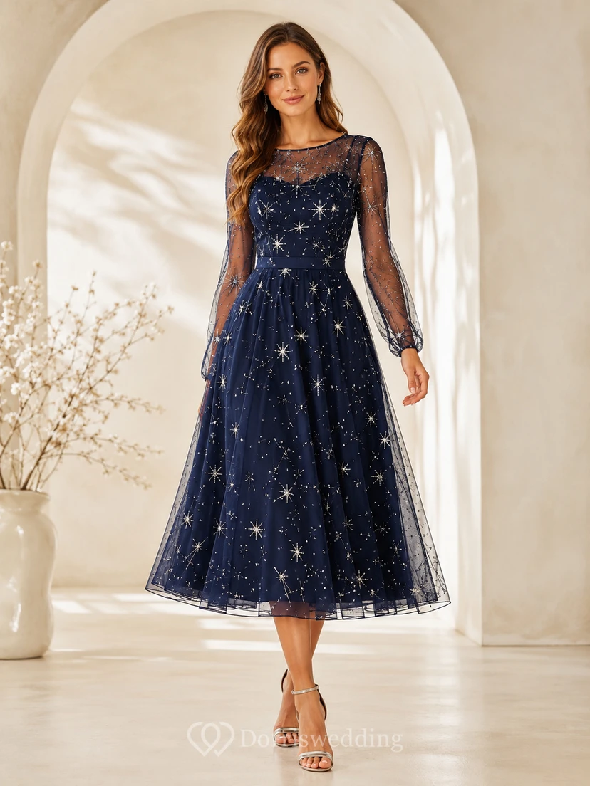 Vestido midi de manga larga para invitada, azul marino oscuro, con escote barco y tul, estampado de estrellas.