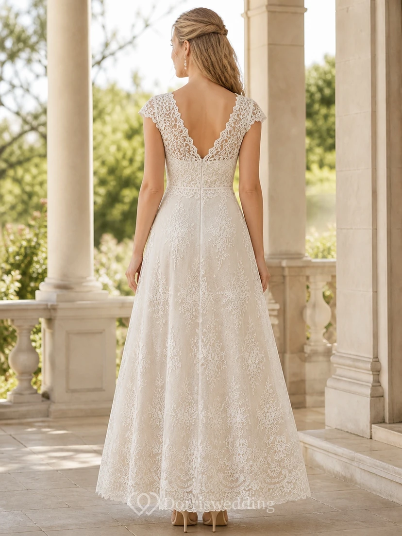 Knöchellanges, schlichtes A-Linien-Brautkleid mit V-Ausschnitt, Spitzenärmeln und kurzen Ärmeln view 2