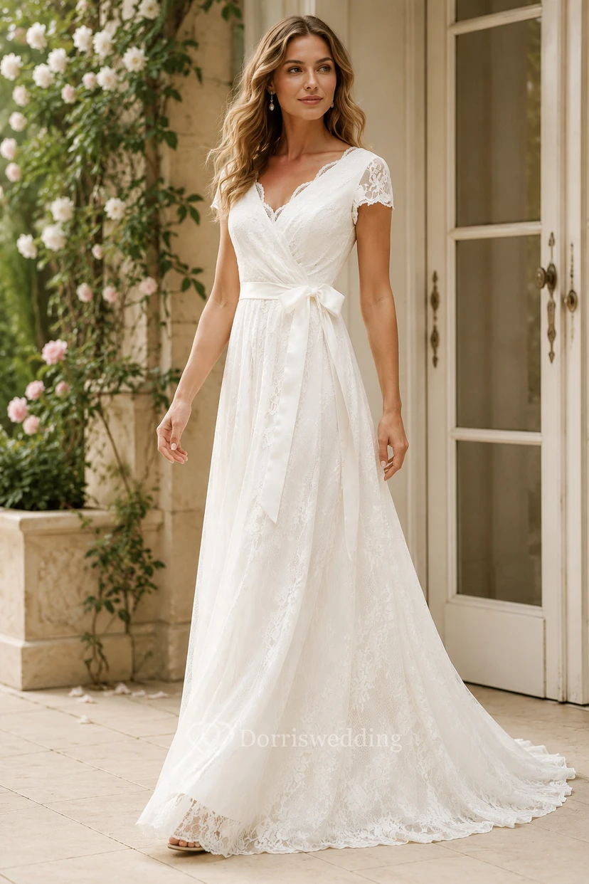 Robe de mariée en dentelle, coupe trapèze, décolleté en V festonné, manches courtes illusion, longueur au sol