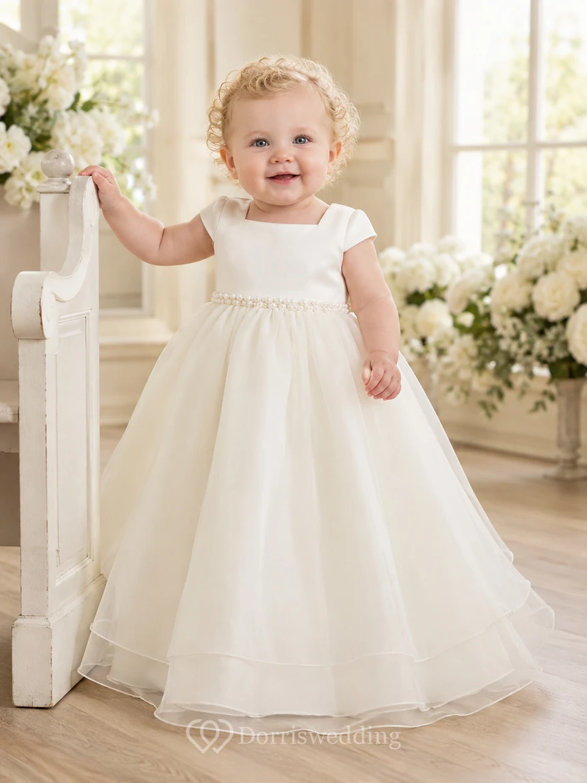 Vestido sencillo de bautizo para bebé con corpiño de satén y falda de organza, corte en A y sin mangas.