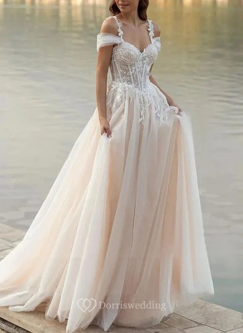 Off-Shoulder Lace Wedding Dress with Sparkles