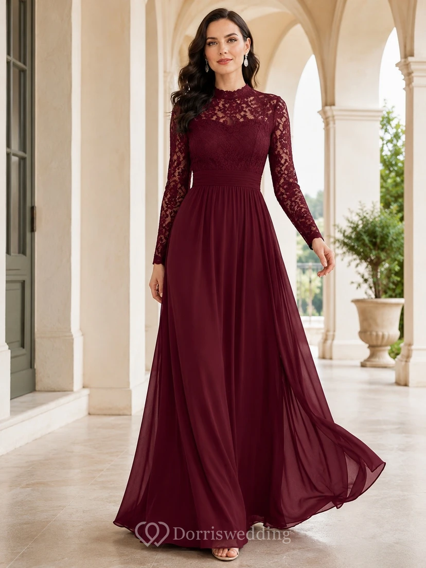 Burgundy Lace Jewel Neck Long Sleeve A-Line Evening Gown