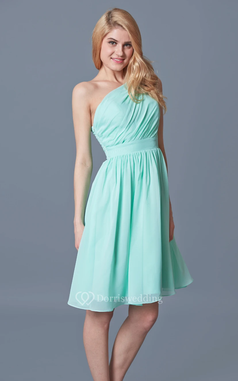 Sassy One Shoulder Pleated Short Chiffon Dress With Bow view 5
