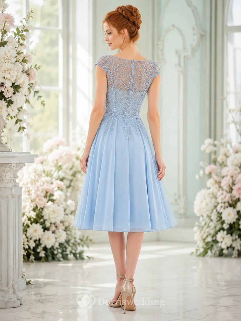 Himmelblaues, schulterfreies Chiffon-Kleid mit A-Linien-Schnitt, Teelänge und Spitzenoberteil mit Rundhalsausschnitt. view 2