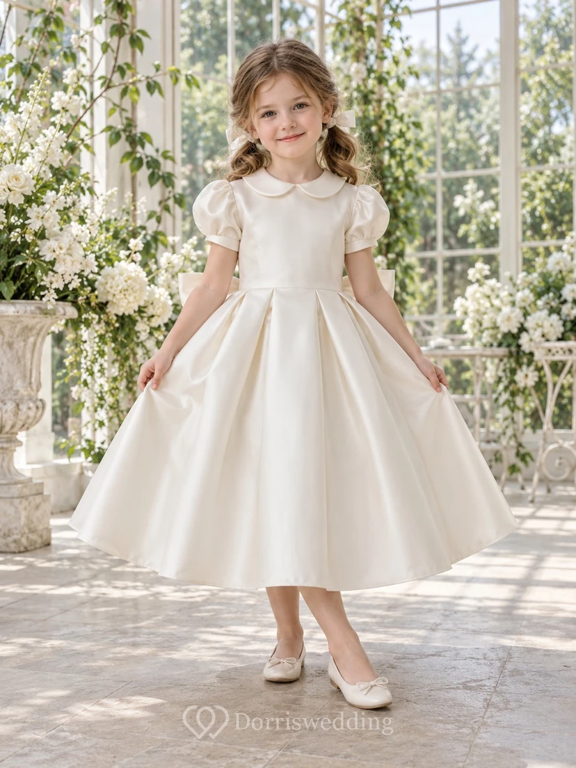 Tea-length Vintage Ivory A-line Satin Collared Puff-sleeve Bow-back Flower Girl Dress