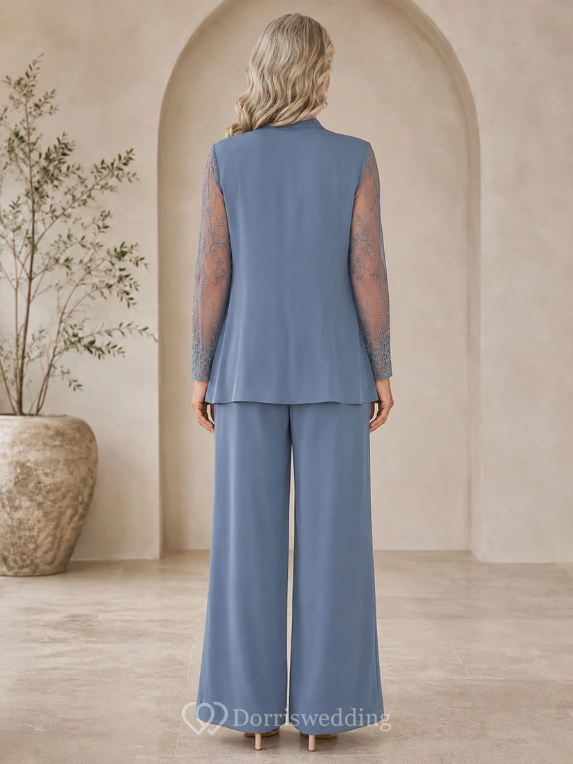 Steel Blue Mother Pantsuit with Sheer Sleeve Jacket, V Neck Top and Wide Leg Pants view 2