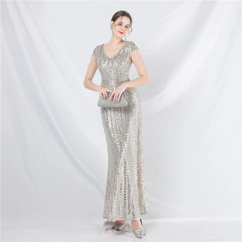 A-Line Big Swing Dress Craft Sequined Long A-Line Evening Dress view 10