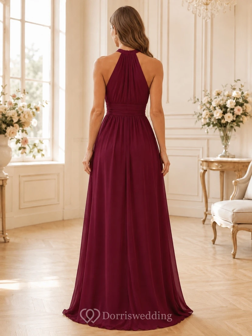 Burgundy Halter Sleeveless Chiffon A-Line Maid Of Honor Dress view 2
