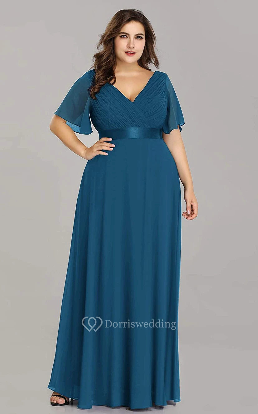Romantic Chiffon V-neck Half Sleeve A Line Formal Dress With Criss Cross and Ruching view 18