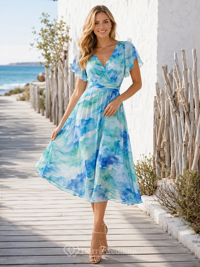 Vestido midi de gasa con escote en V y mangas con volantes, estilo acuarela oceánica.
