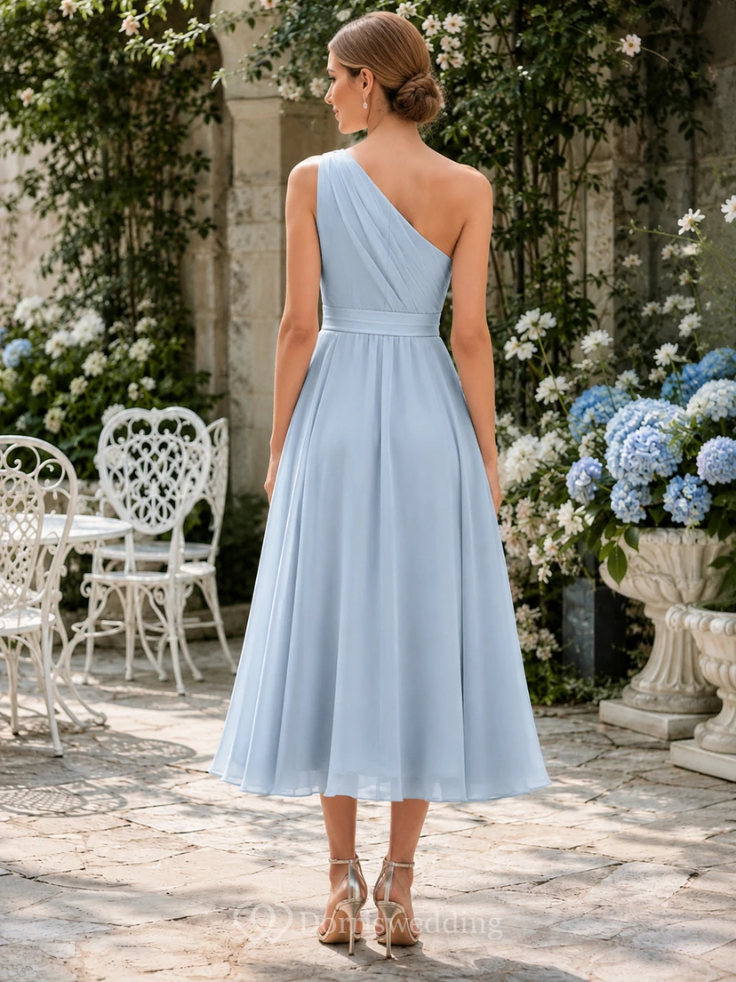 Blue Horizon A-Line Tea-Length One-Shoulder Sleeveless Chiffon Modern Guest Dress view 2