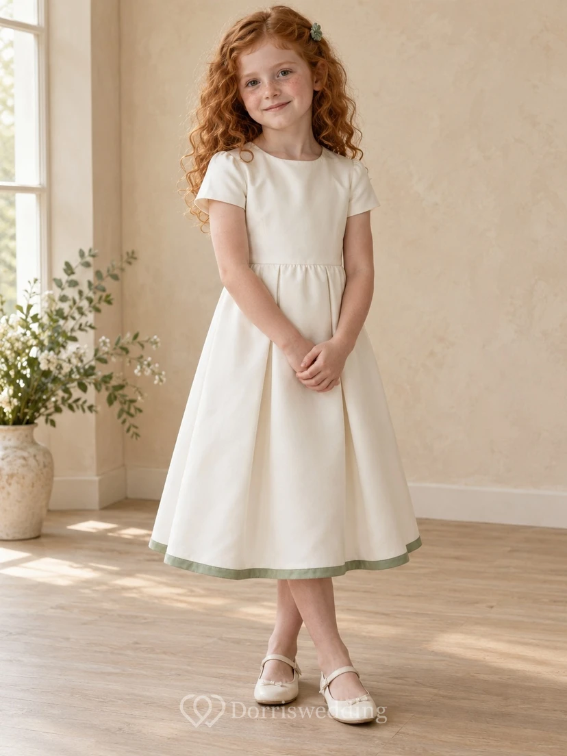 Simple Tea-length Cream Jewel Short-sleeve Gathered Sage-trimmed Zipper-back A-line Flower Girl Dress