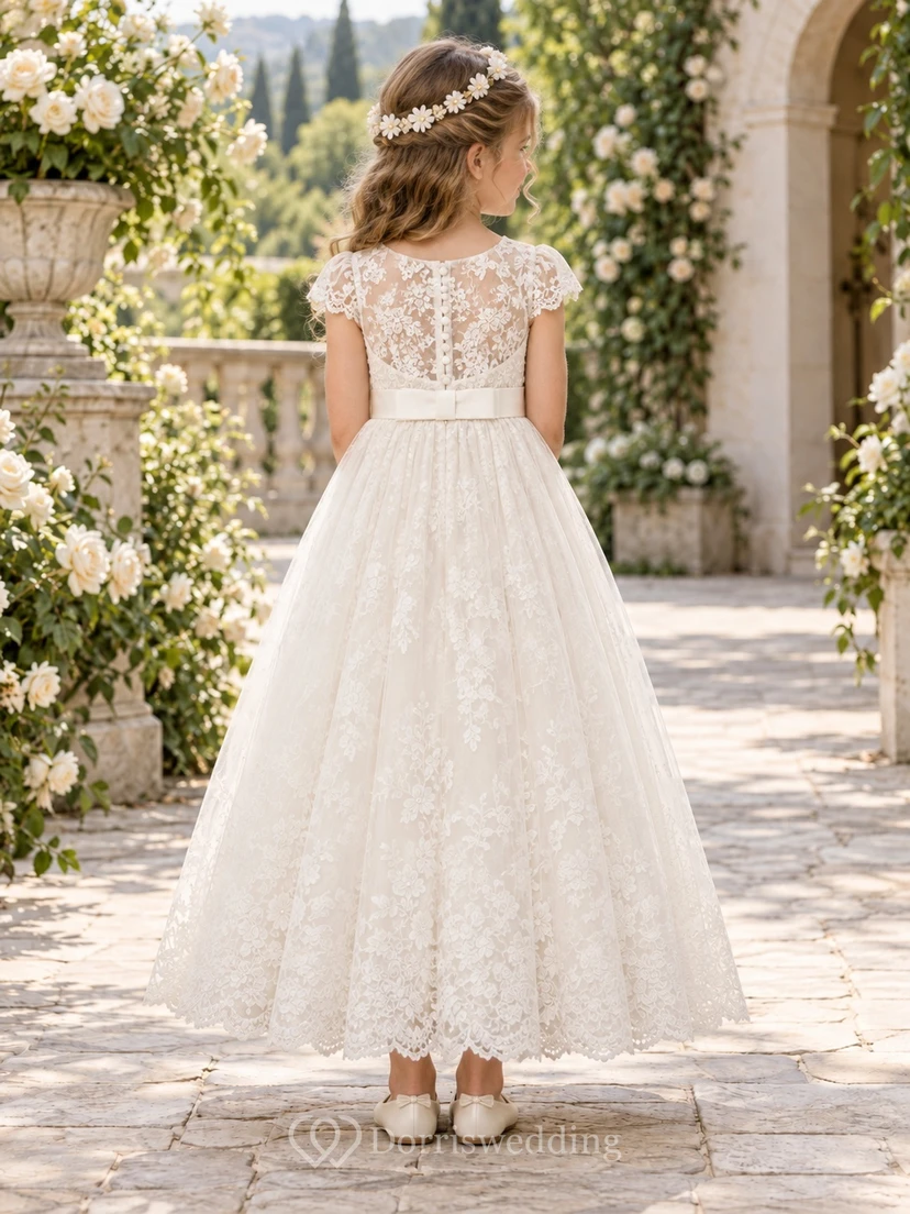 Vestido de niña de flores modesto, color marfil, con estampado floral, corte en A, mangas cortas, encaje y largo hasta los tobillos con borde festoneado. view 2