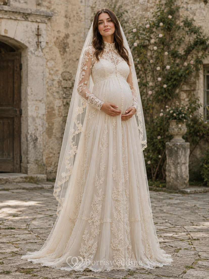 Robe de mariée de maternité à col montant et manches longues en dentelle, style vintage, en tulle.