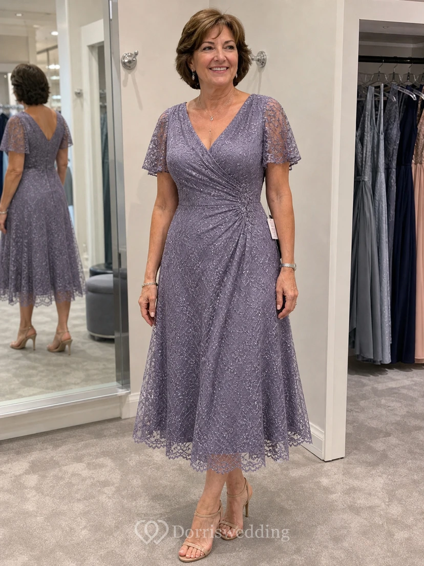 Vintage Mauve Lace Tea Length Mother Dress Vintage Mauve V-neck Sheath Tea-length view 12