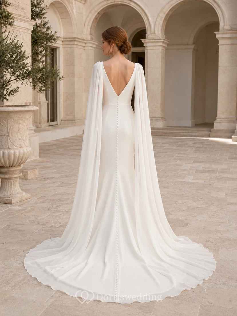 Robe de mariée fourreau en satin à col bateau, décolleté plongeant et traîne chapelle view 2
