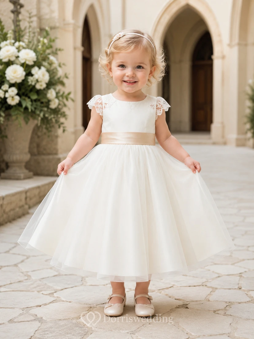 Baby Baptism Christening Ceremony Dress A-Line Tea-Length Jewel Neck Short Sleeve Tulle Ribbon Sash Bow Back Button Back