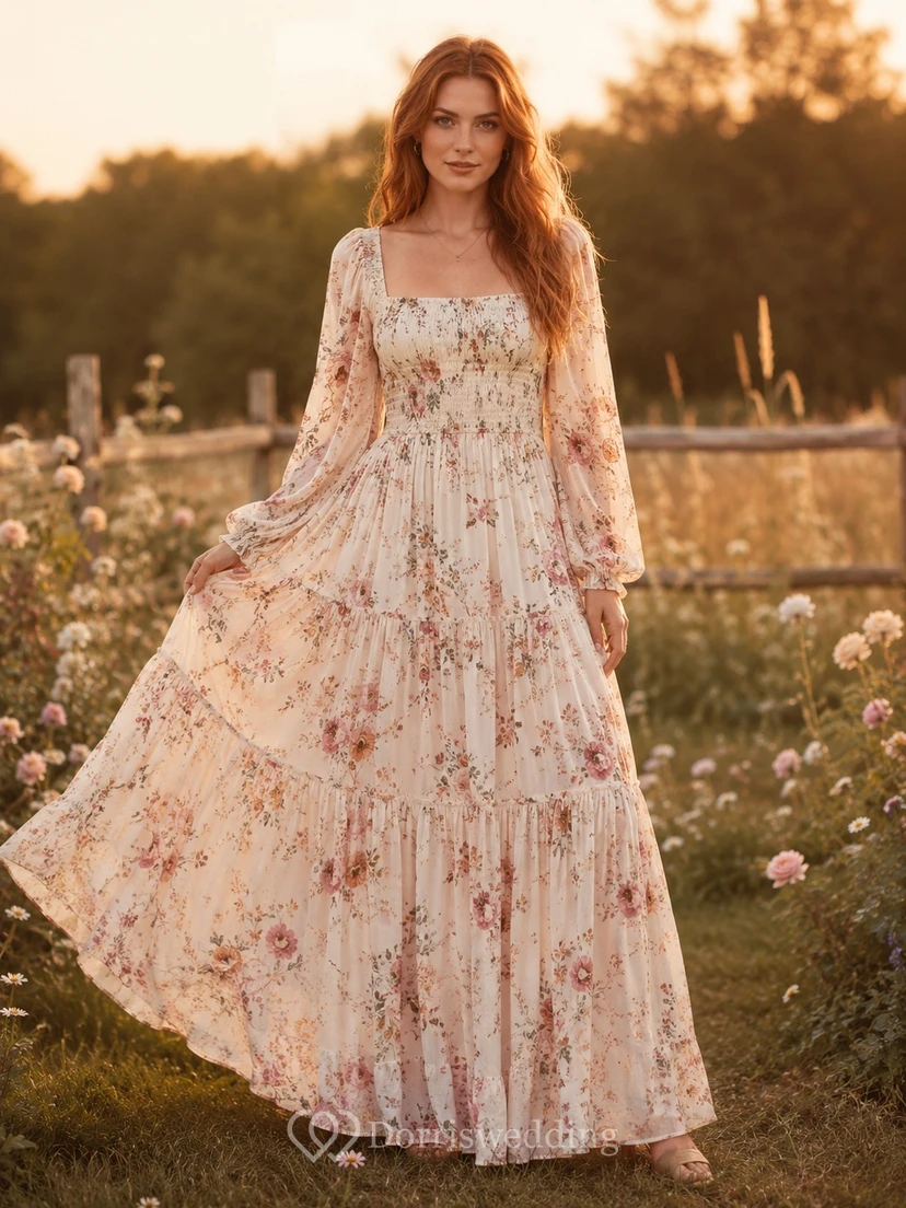 Kleid aus Chiffon im Boho-Stil mit bodenlangem A-Linien-Schnitt, eckigem Ausschnitt und Blumenmuster in Altrosa-Rosen-Rosen-Optik