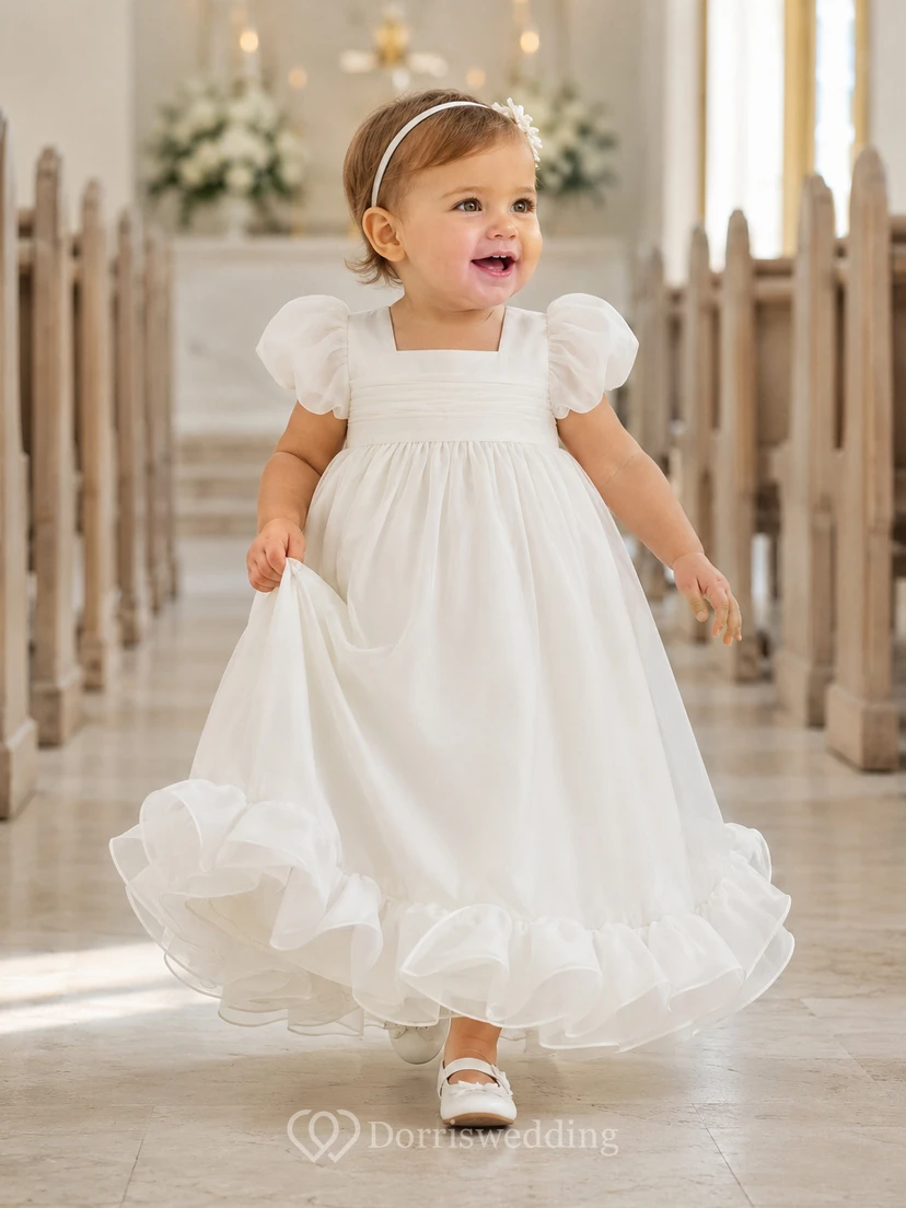 Square Neck Ruffled Hem Baby Christening A-Line Puff Sleeve Dress Simple