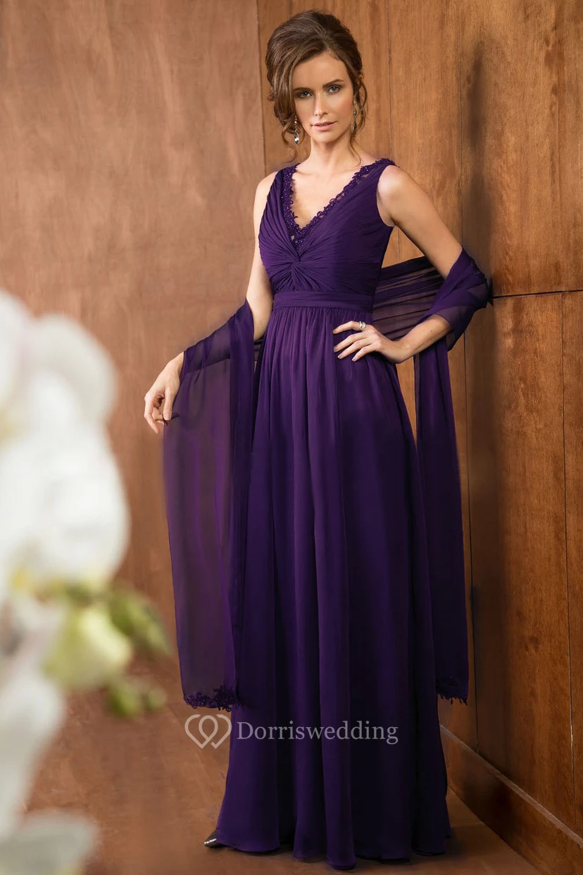 Ärmelloses A-Linien-Kleid mit V-Ausschnitt, Schal und Perlenstickerei