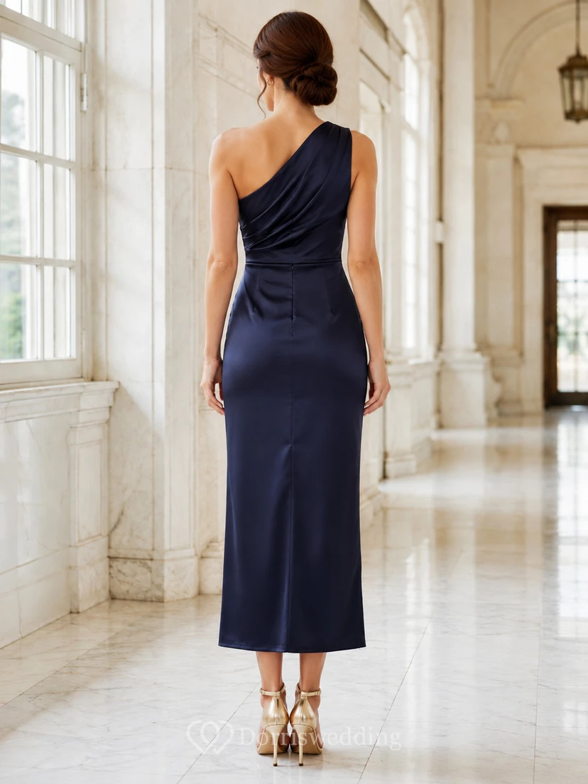 Courthouse Dark Navy One-Shoulder Satin Sheath Tea-Length Draped Dress view 2