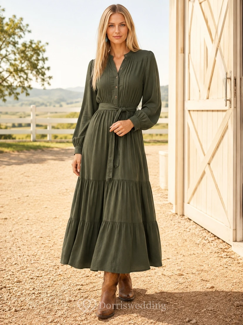 Olive Long Sleeve Tiered Country Midi Dress Classic