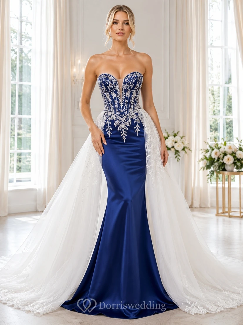 Königsblaues, drapiertes Cape, Meerjungfrauen-Stil, ärmelloses, modernes Brautkleid aus Stretch-Satin mit Herzausschnitt