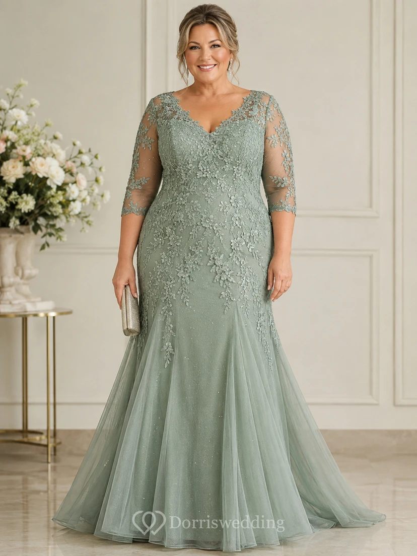 Plus Size Mermaid V-Neck 3/4 Length Sleeve Lace Mother Dress with Lace