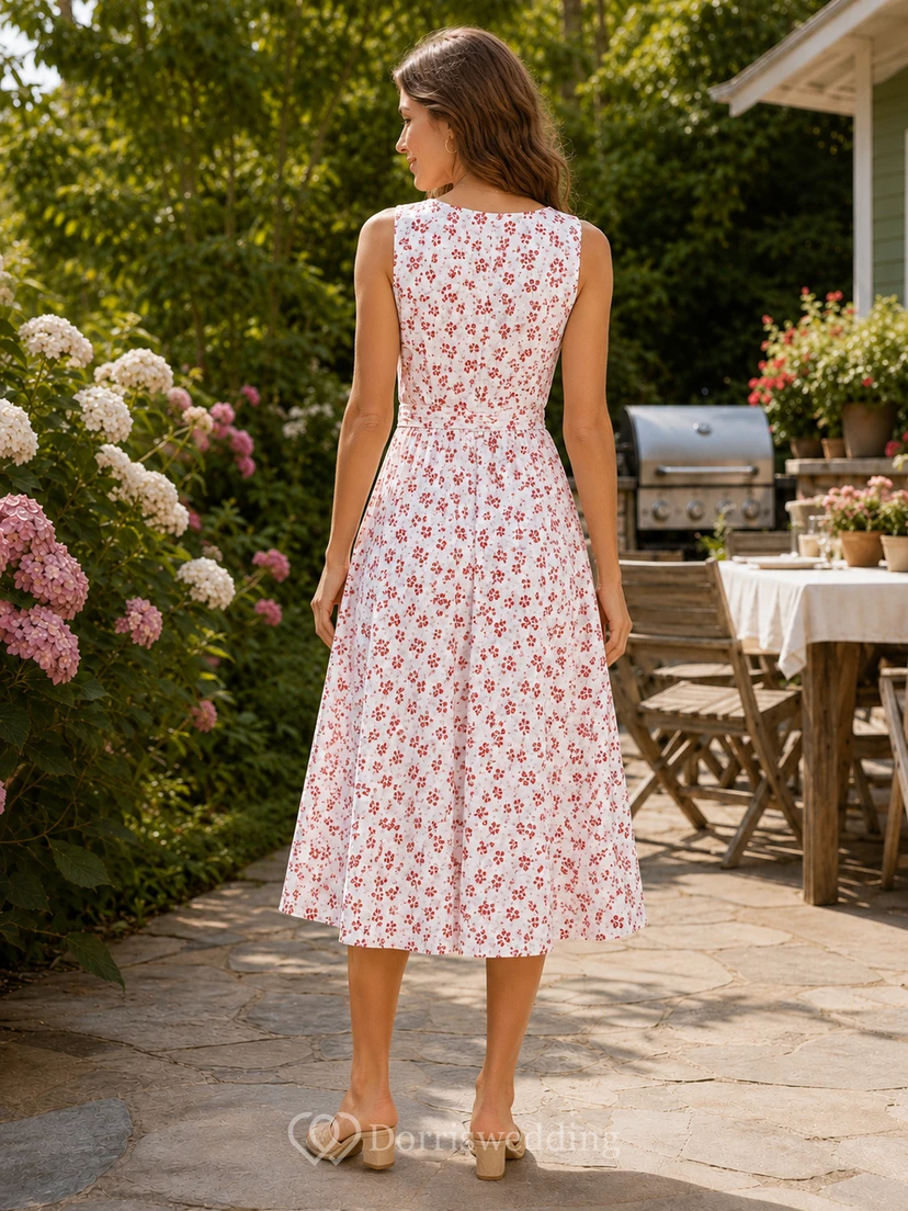 Coral Floral Sleeveless V Neck Cotton Barbecue Midi Dress view 6