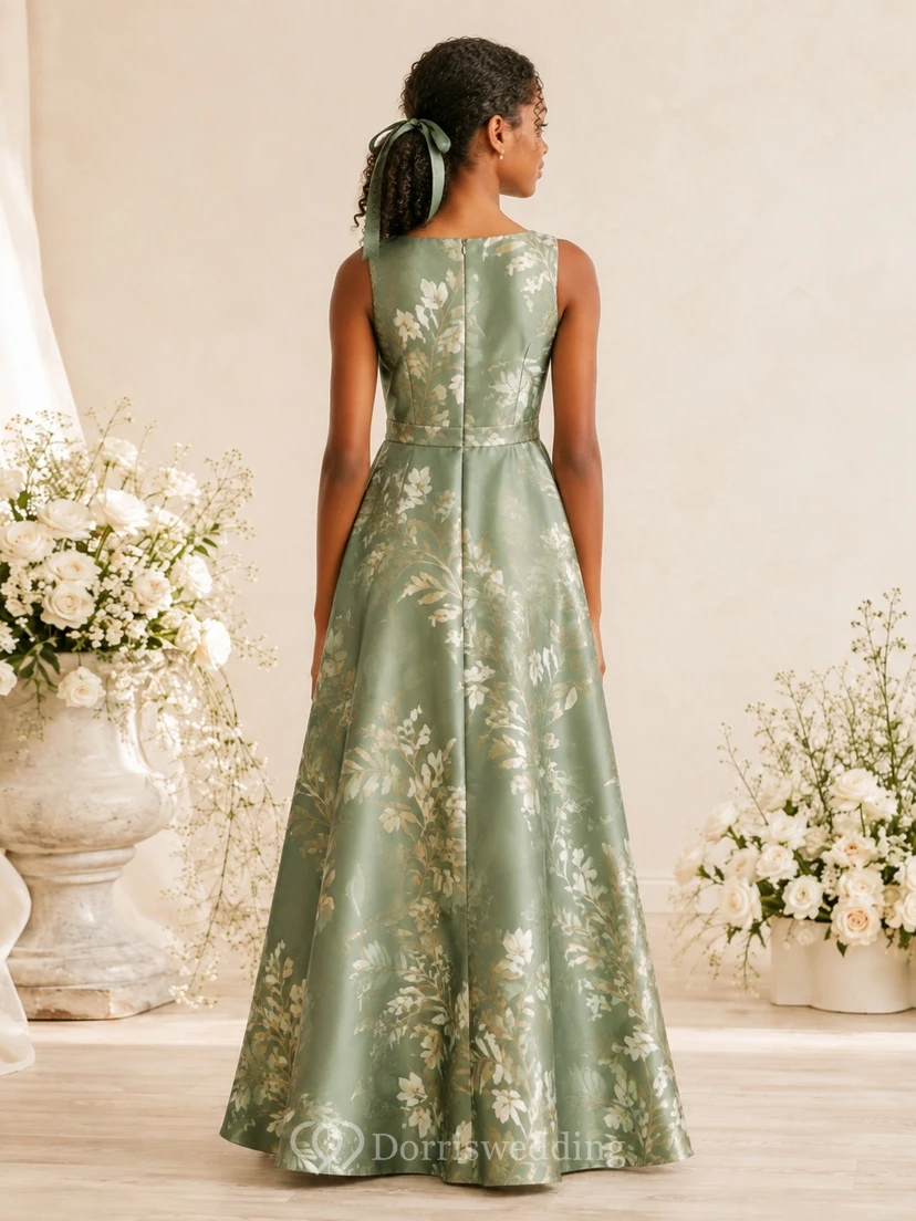 Celadonfarbenes Brautjungfernkleid für junge Mädchen, A-Linie, ärmellos, mit Schmucksteinen, Blumenmuster und Boho-Stil view 2