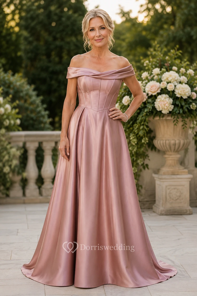 Altrosa schulterfreies A-Linien-Kleid aus Satin für Mütter