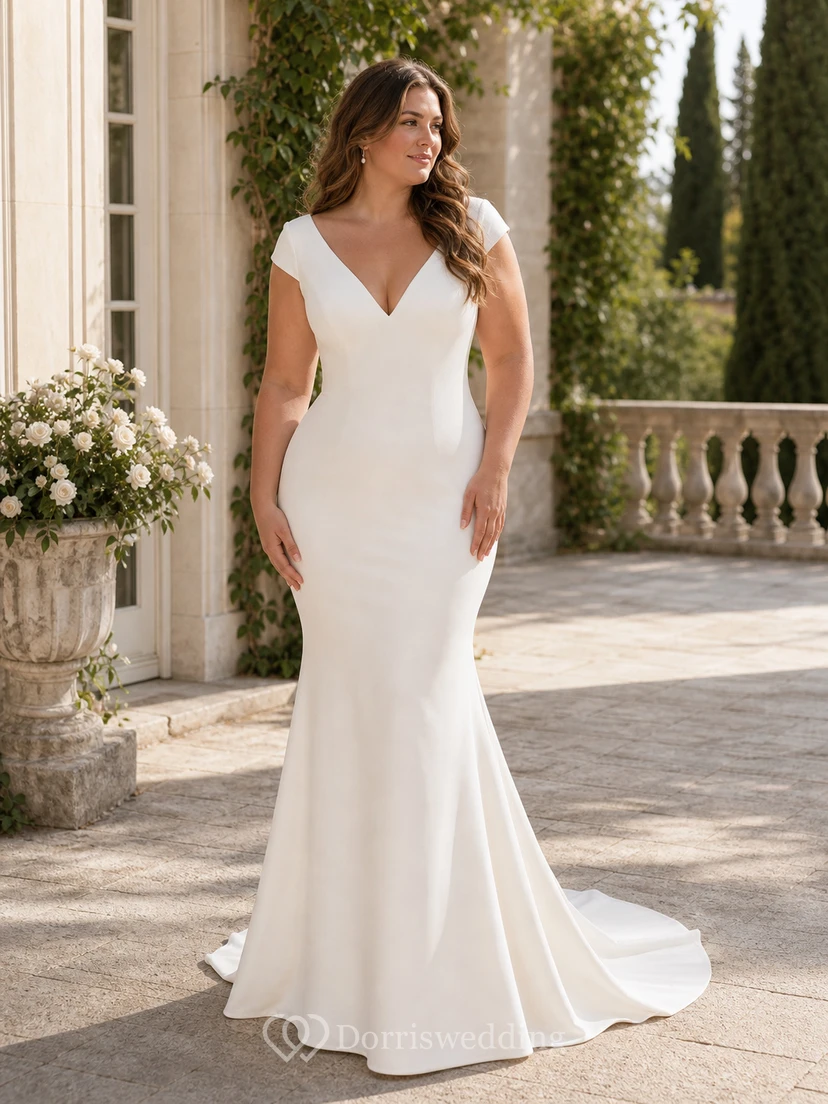 Robe de mariée sirène fourreau unie, col V simple et dos nu en dentelle. view 5