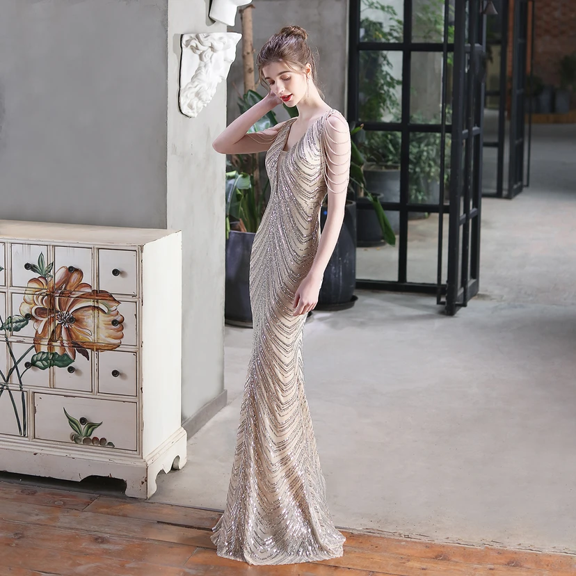 Paillettenbesetztes Meerjungfrauenkleid für Auftritte, Internet-Promi-Events, Bankette, Automodelle, Etikette, Abendkleid view 30