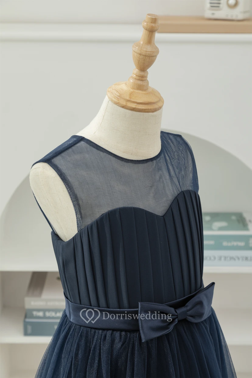 Dark Navy Chiffon Pleated Sleeveless Casual Flowergirl Dress view 6