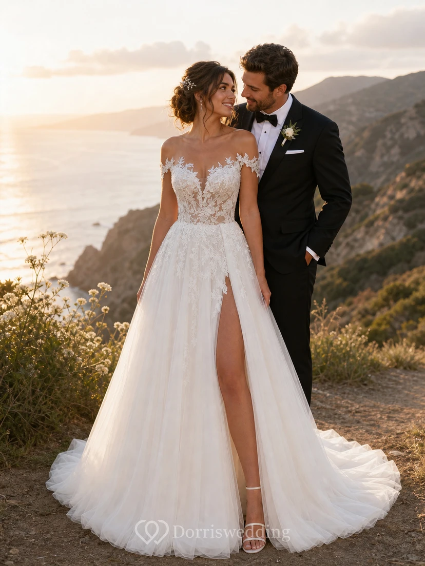 Robe de mariée champêtre en tulle à épaules dénudées et fente haute en dentelle view 5