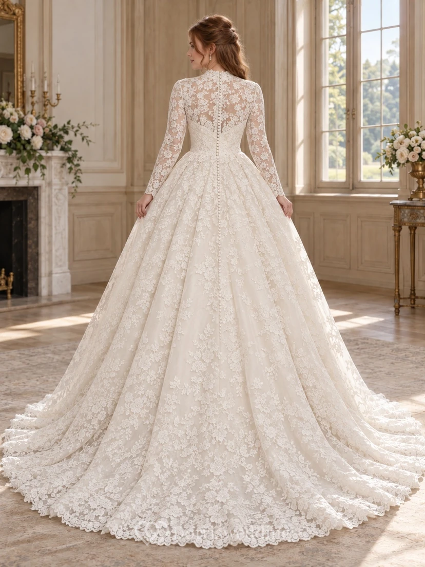 Robe de mariée de bal en dentelle florale dense à manches longues et style bateau, style modeste view 2