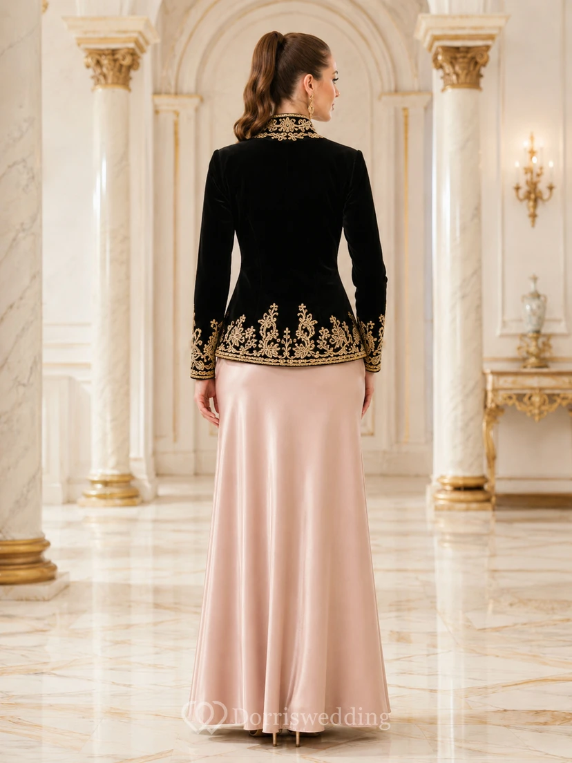 Schwarzes zweiteiliges Karakou-Kleid-Set, bodenlang, hochgeschlossen, goldbestickt view 2