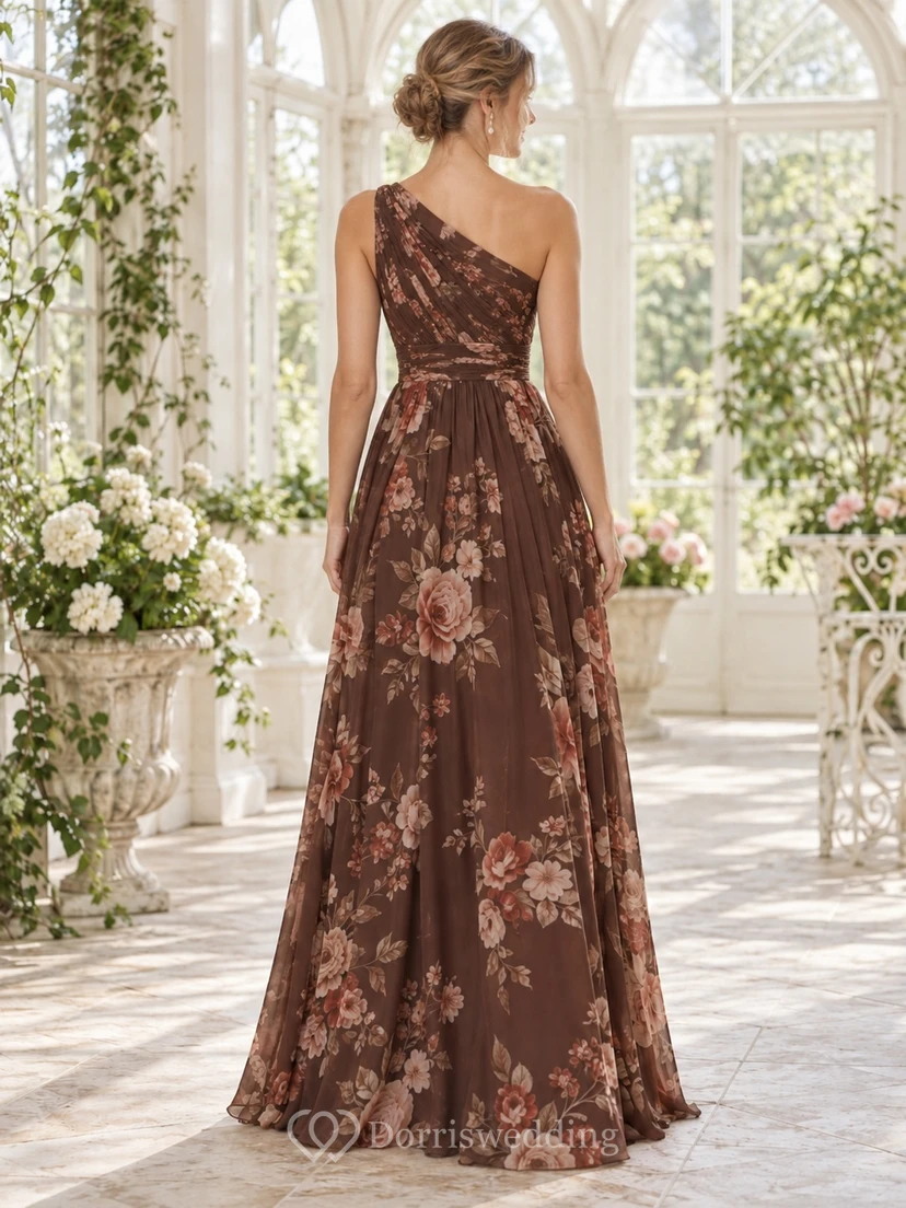Vestido de dama de honor de gasa largo hasta el suelo con estampado floral color chocolate, un solo hombro y drapeado. view 2