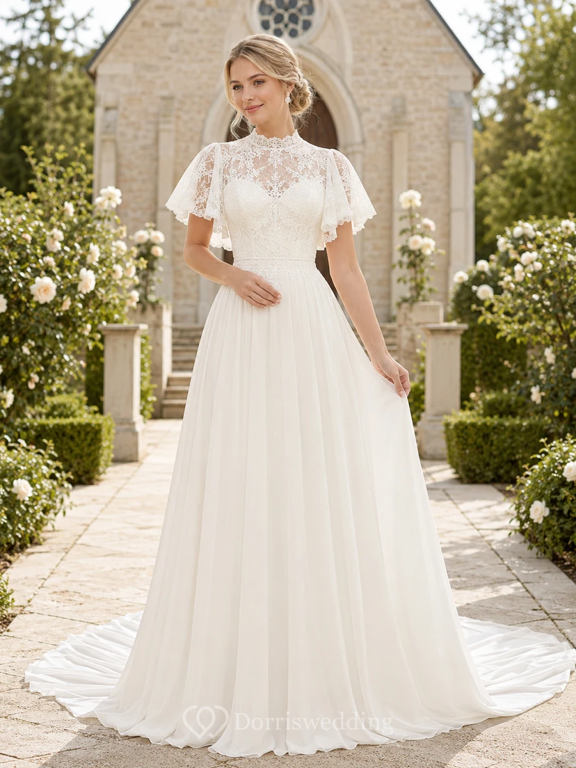 Modest High Neck Flutter Sleeve Chapel A-Line Wedding Dress